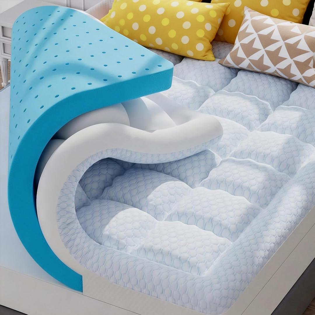 BDEUS 4 Inch Dual Layer Memory Foam Mattress Topper Queen Size, 2 Inch Gel Memory Foam, 2 Inch Cooling Pillow Top Mattress Pad Cover for Back Pain & Hot Sleeper (White)