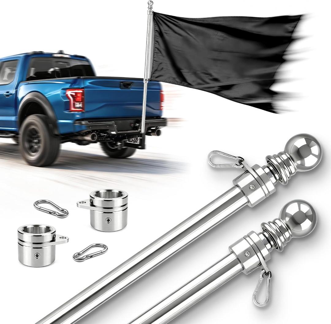 2 Packs 5 FT One-Piece Thickened Stainless Steel Flag Pole for Outside House, 80 MPH Heavy Duty Flagpole for Truck, Jeep, RV, Boat, Porch, Yard (Silver, Without Bracket and Flag)