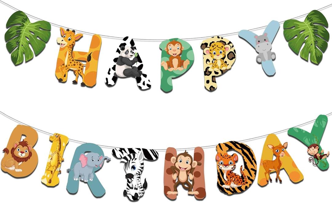 Safari Animals Happy Birthday Banner, Jungle Party Sign Decorations, Wild One Animal Themed Bunting for Jungle Safari Birthday Party, Zoo Animal Garland for Boys Girls Baby Shower