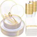 Rubtlamp 175 Pcs Plastic Dinnerware Set (25 Guests), Clear And Gold Plastic Plates, Hammered Party Plates Include Dinner Platos, Dessert Platos, Cups, Gold Cutlery Set And Napkins for Party
