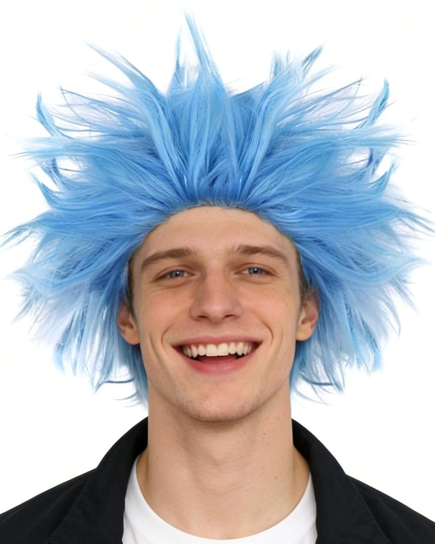Hair Cap+Blue Spiky Wig Short Crazy Wigs Adult Blue Fluffy Wig Funny Crazy Hair Funky Hairy Costume Layered Fluffy Outfit Short Anime Cosplay Costume for Theme Party Halloween Cosplay