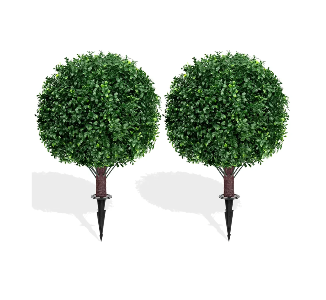 Artificial Boxwood Topiary Ball Trees with Ground Spike, Set of 2 UV Resistant Artificial Shrubs, Fake Evergreen Artificial Plant Bushes for Indoor Outdoor Front Porch Garden