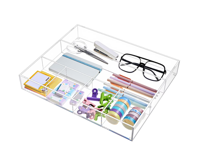Briwooody Large Acrylic Desk Deep Drawer Organizer with Adjustable Dividers, AntiSkip Clear Desk Top Organizer Tray for Pens, Desktop, Office, Bathroom, Kitchen, Makeup Supplies(6 Compartments)