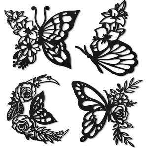 LOYIM 4 Pcs Butterfly Wall Decoration Metal Butterfly Wall Decor Metal Leaf Wall Art Moon Phases Floral Boho Wall Hanging Home Flower Appearance for Bedroom Living Room Home Indoor (Black,Graceful)