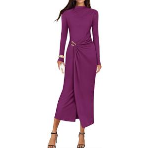 ZESICA Women's 2026 Spring Long Sleeve Bodycon Dress Mock Neck Wedding Guest Cocktail Party Long Midi Dresses (Medium, Eggplant)