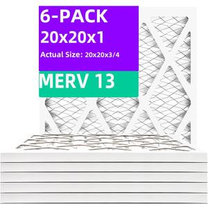 20x20x1 MERV 13 (6-Pack) Pleated Air Filter (Actual Size: 19.75"x19.75"x0.75") MPR 1900 & FPR 10, Furnace Air Filters, 20x20x1 air filter