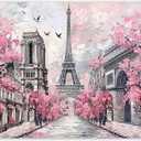 2D Spring Paris Eiffel Tower Backdrop Blurred Oil Hand-Painted Style Pink Cherry Flowers European City Landscape Photography Background Party Decorations Photo Banner 10x8ft