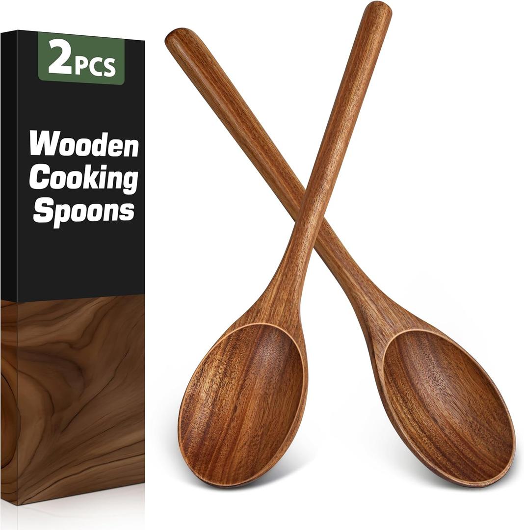 2PCS Wooden Spoons for Cooking, Natural Acacia Wood Cooking Spoons, Large Serving Spoons for Nonstick Cookware, Heat Resistant Durable Wooden Kitchen Utensils for Mixing Salad, Serving and Stirring