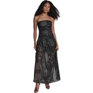 BCBG Women's Strapless Round Neck Floral Drop Waist Maxi Dress, Black/Gold, 12