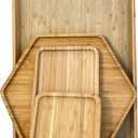 Bamboo Serving Trays 16.5"x11.8"42x30cm with Handle, Set Includes 0.63"(1.6cm) Thick Dinner Plates Hexagon 12.5"(32cm)+Rectangle 9.8"(25cm)*5.9"(15cm)+Square 5.9"(15cm)