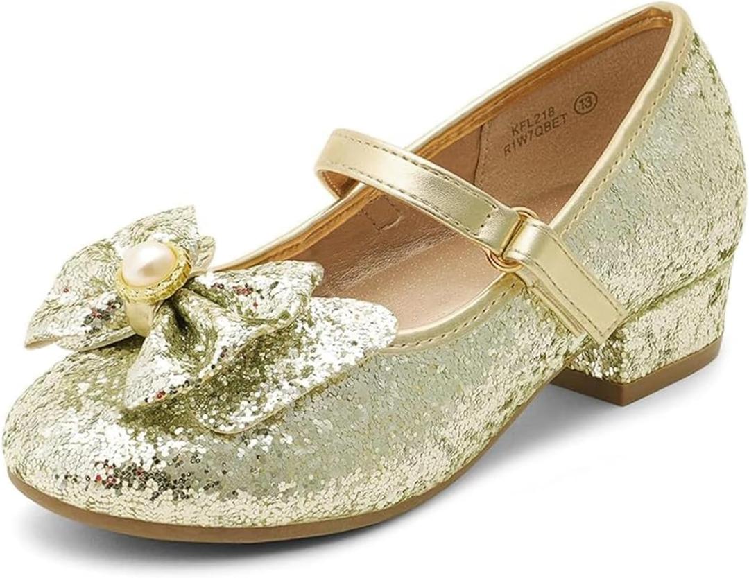 DREAM PAIRS Girls Dress Shoes Princess Shoes for Toddler Little Girl Mary Jane Low Heels Glitter Flower Party Wedding Footwear (13 Little Kid, Gold)