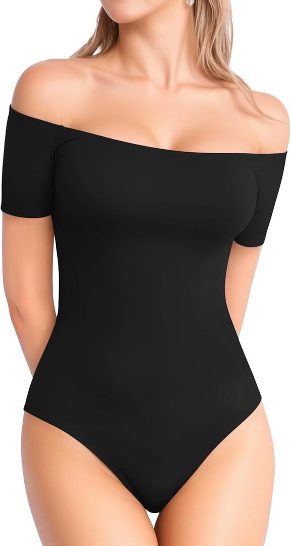 MANGOPOP Women's Off The Shoulder Long Sleeve Short Sleeve Bodysuit Sexy Backless Body Suit Tops (Black, XL)