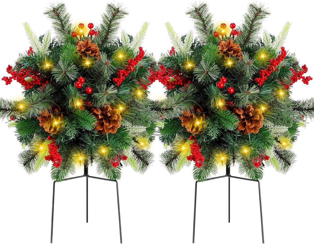 Liliful 2 Sets Outdoor Christmas Urn Filler 18 Inch Lighted Artificial Christmas Tree, Battery Operated Pre Lit Artificial Light up Planter Filler Lighted Xmas Trees with LED Lights Timer