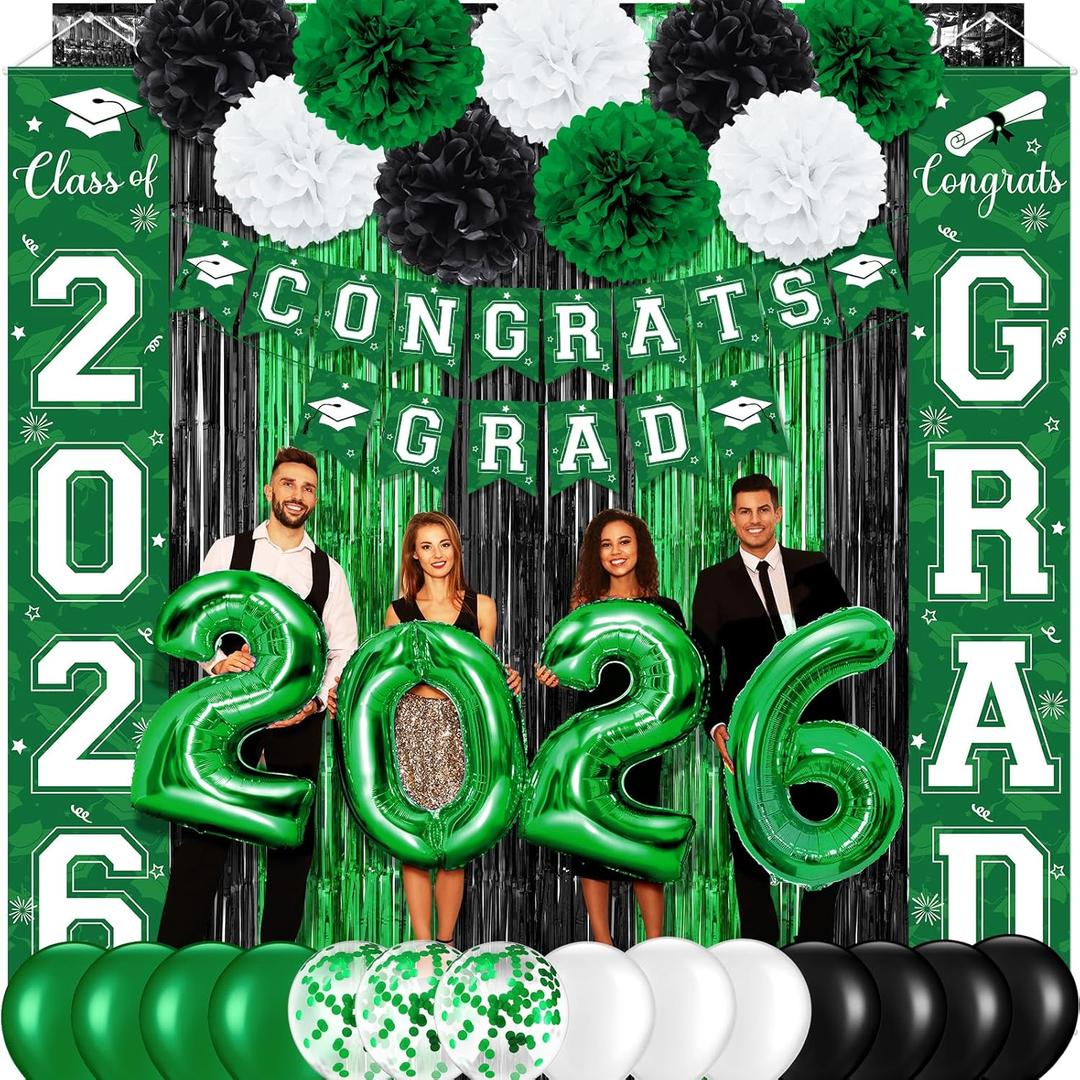 Graduation Party Decorations Class of 2026, Graduation Decorations with Congrats Grad Banner Fringe Foil Curtain Paper Flower Ball Balloons for High School College Graduation Party Supplies, Green