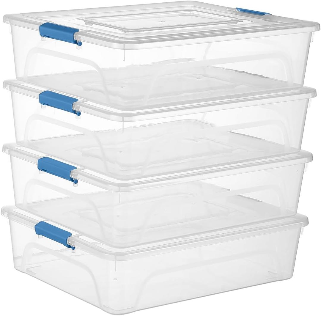 Clear Plastic Storage Bins with Lids Stackable Storage Box for Crafts, Supplies (Large 4Pack Blue)