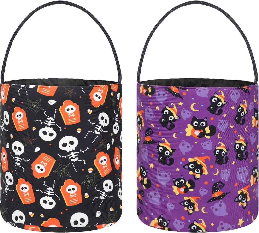 FINGOOO 2 Pack Kids Halloween Trick or Treat Buckets, Black Purple Cute Canvas Candy Tote Buckets Halloween Baskets 8 x 10 Inch