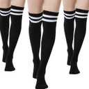 Thigh-High Socks | Womens Striped Cotton Thigh High Tube Sock | Over Knee Boot Socks (Black) 5-11, Black W White Stripes