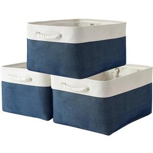 3Packs Closet Storage Bins, Extra Large Canvas Cloth Storage Bins Shelf Fabric Storage Basket with Drawstring Closure Collapsible Organizing Baskets for Playroom Yarn Towels Dog Cats Baby Toys (ALL BLUE)