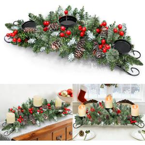 30 Inch Christmas Table Centerpieces with 3 Candle Holders, Christmas Centerpieces for Tables Red Berries Pinecones Snowy Pine Metal Base Holiday Xmas Winter Tabletop Decor,Fire Retardant&Foldable