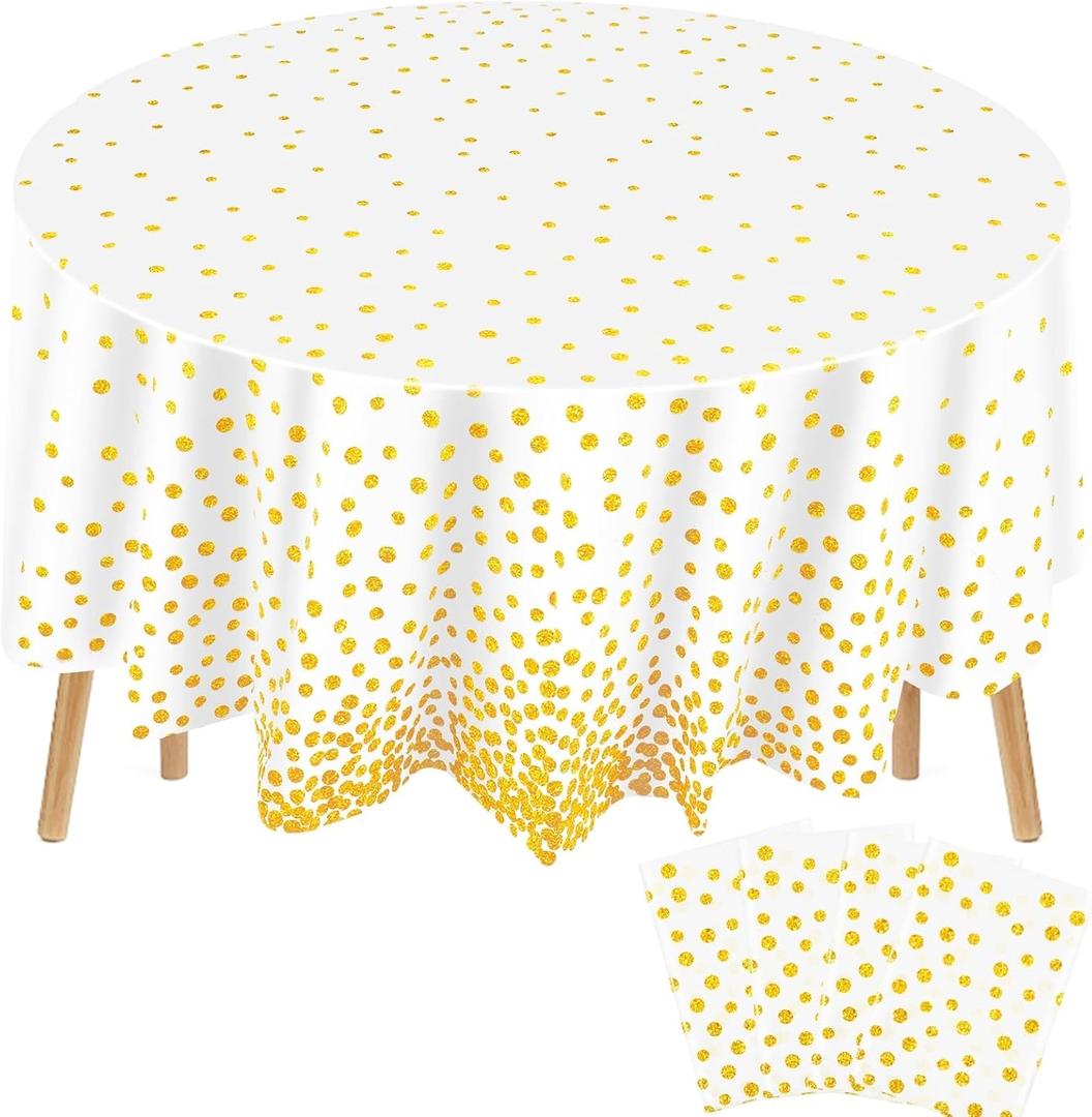 Newwiee 4 Pcs Round Dot Tablecloth 84 Inch Plastic Polka Dot Table Cover Disposable Confetti Tablecloths for Thanksgiving Christmas New Year Wedding Birthday Party Decor (White,Gold)