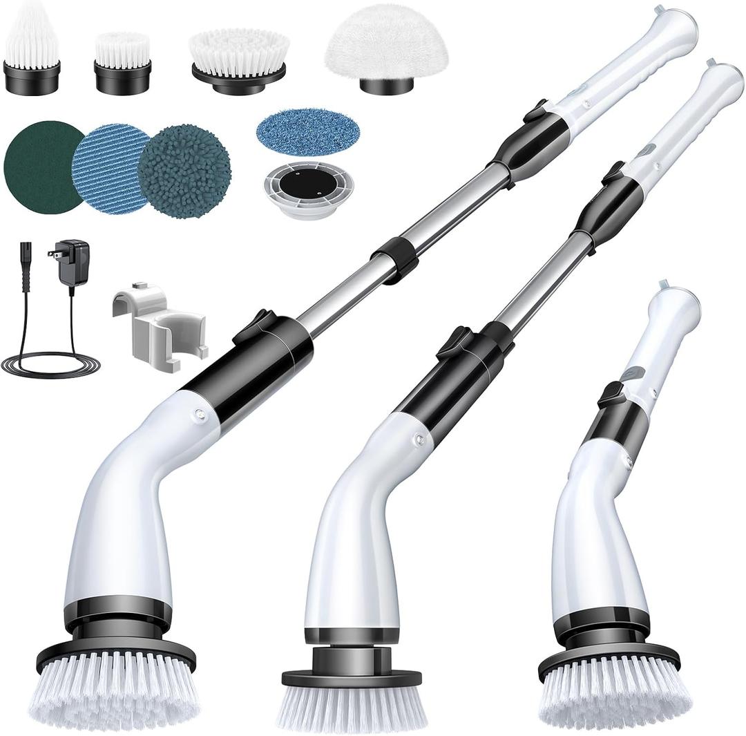 Electric Spin Scrubber, Cordless Cleaning Brush Scrubber with 7 Replaceable Brush Heads and Adjustable Extension Handle, IPX7 Waterproof Power Cleaning Brush for Bathroom Tub Floor Tile Shower (Brightblack)