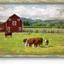 Farmhouse Bedroom Wood Wall Art: Red Barn with Cow Cattle Rustic Framed Artwork Nature Rural Landscape Picture Quiet Countryside Forest Painting Gallery Farm Print for Living Room