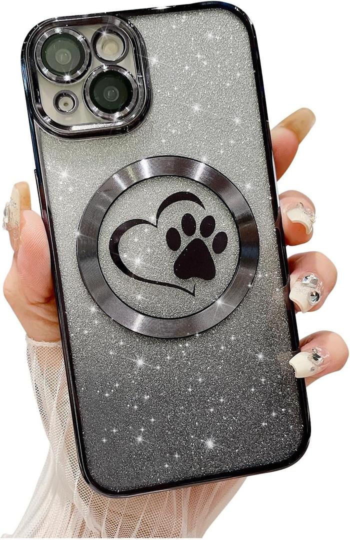 for iPhone 14 Case Glitter Clear Paw Love Heart Compatible with MagSafe, Strong Magnetic Full Camera Lens Protection Soft Slim Thin Cute Bling Phone Case - Black