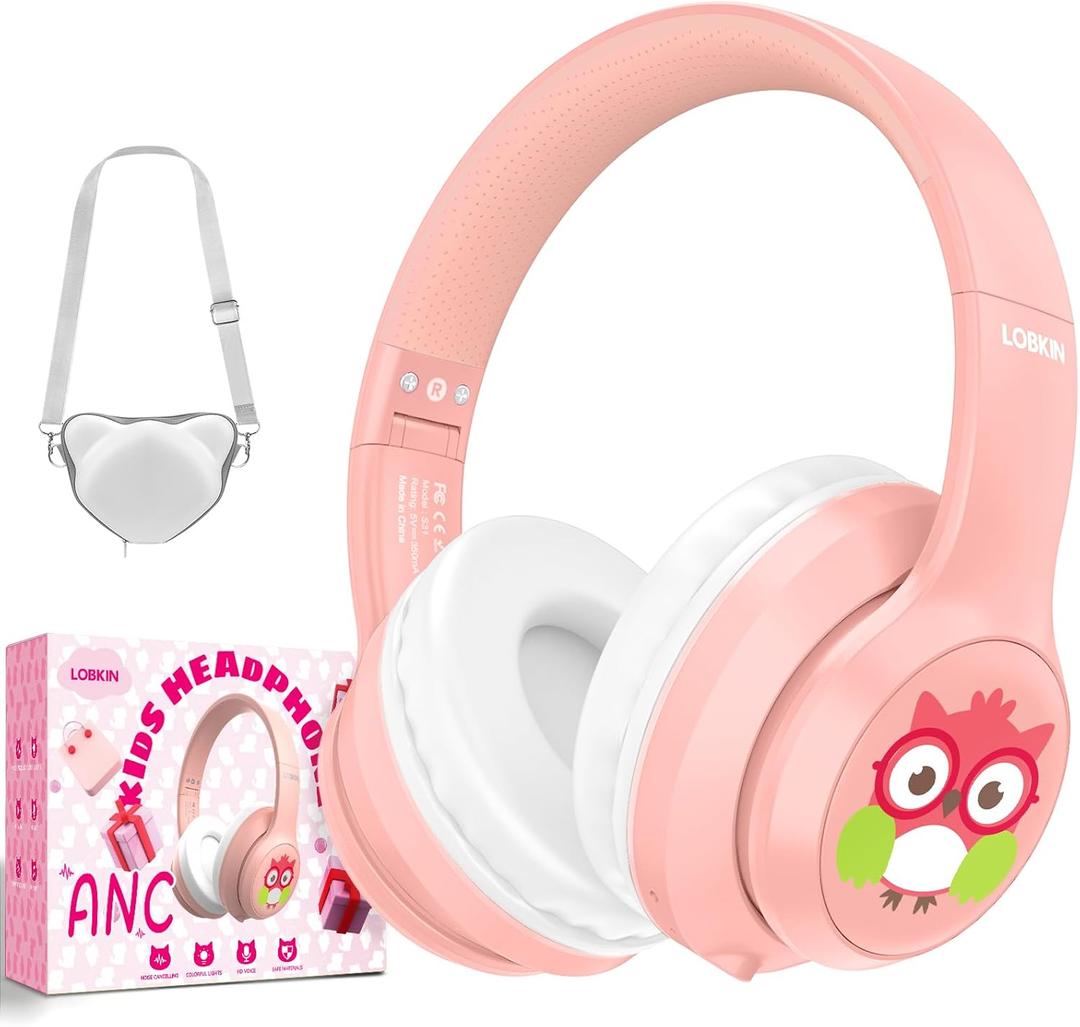LOBKIN Active Noise Cancelling Headphones for Kids,Kids Headphones ANC Bluetooth 5.4 Wireless with Mic 50H Playtime Safe Volume Limited Foldable for Boy Girl Travel/School/iPad (Pink)