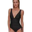 DKNY Womens Shirred Side-tie One Piece Swimsuit with Tummy Control (Medium, Black)