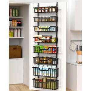 Over The Door Pantry Organizer, 8-Tier Pantry Door Organizer Shelves | 3 Sizes | Adjustable Basket | Metal Hanging Spice Rack for Kitchen, Pantry, Cabinet, Back of Door Seasoning Rack, Black