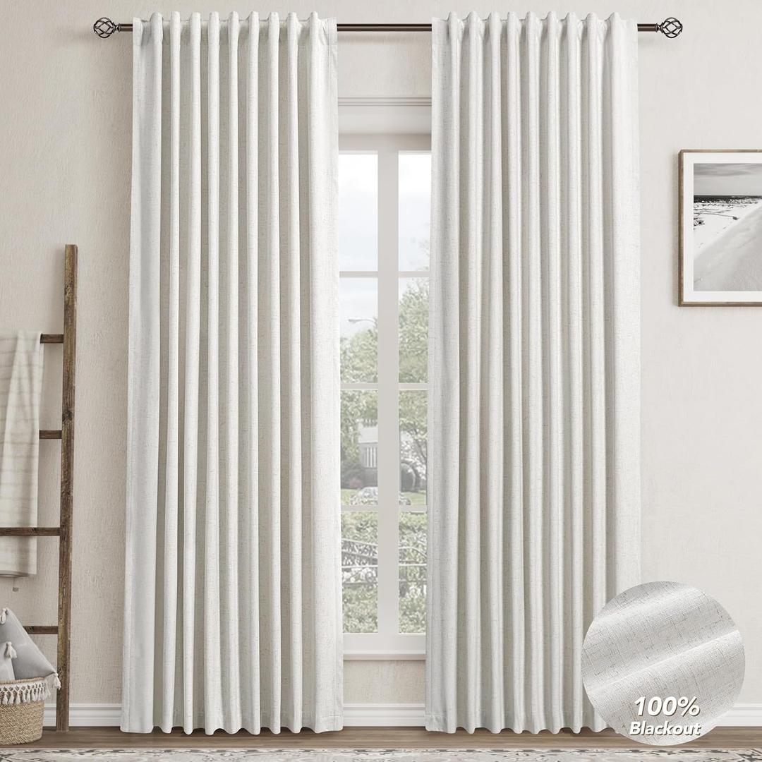 Natural Linen 100% Blackout Curtains for Bedroom 80 Inch Length 2 Panels Set Back Tab Cream Neutral Farmhouse Living Room Darkening Curtain Track System Thermal Insulated Black Out Drapes 52x80