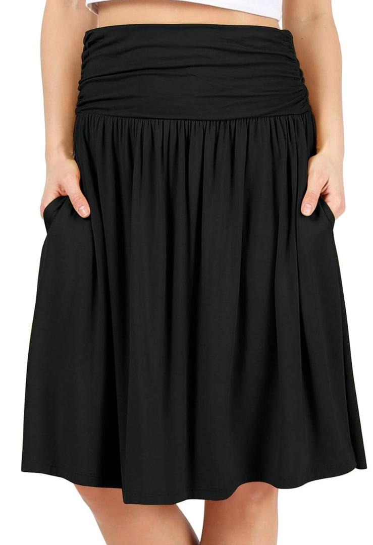 Simlu Skirts for Women Regular and Plus Size Skirt with Pockets Below The Knee Length Ruched Flowy Midi Skirt. S