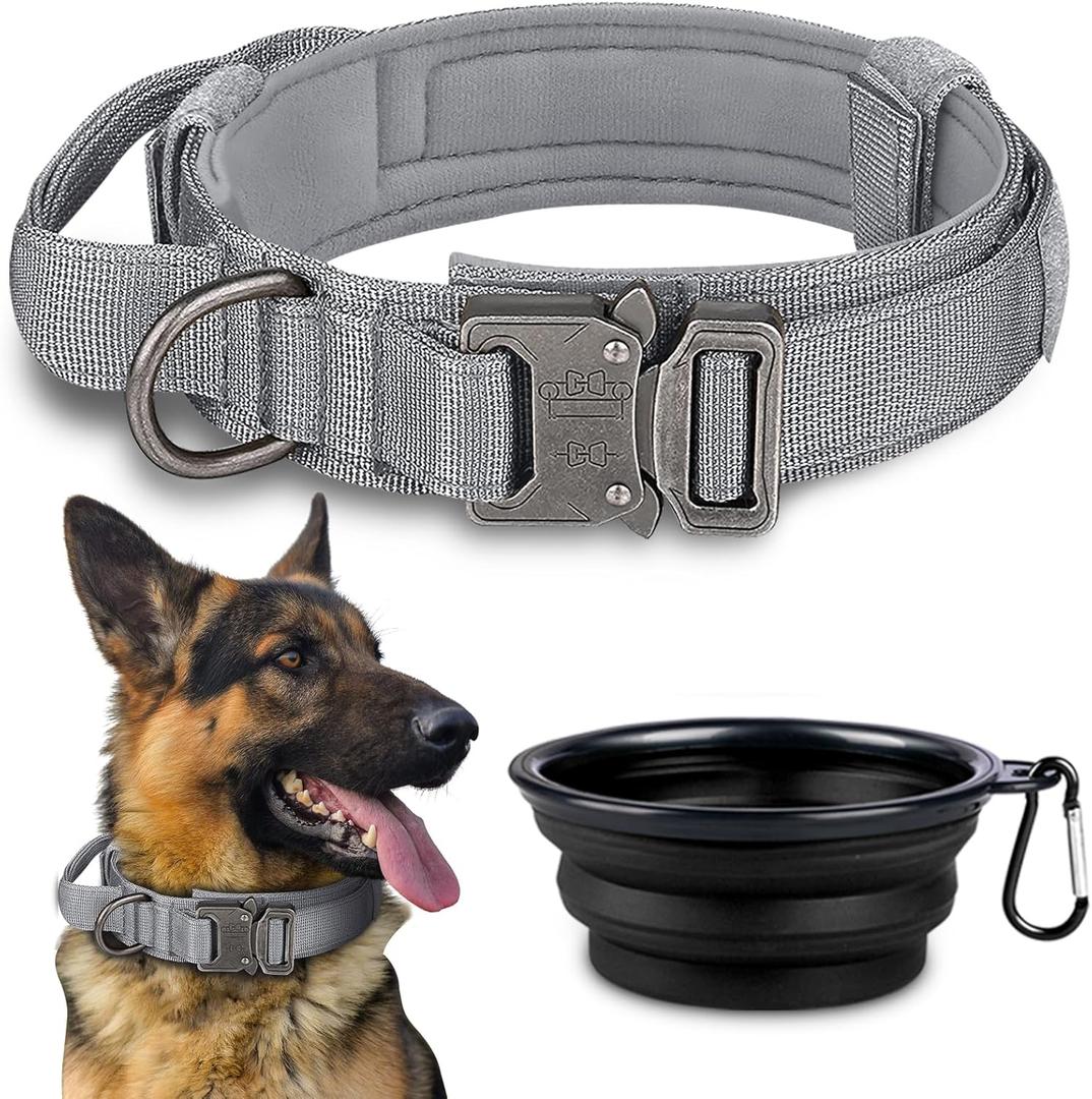 Dog Collar, Tactical Dog Collar, Adjustable Military Training Nylon Dog Collar with Control Handle and Heavy Metal Buckle for Medium and Large Dogs (05-Grey)