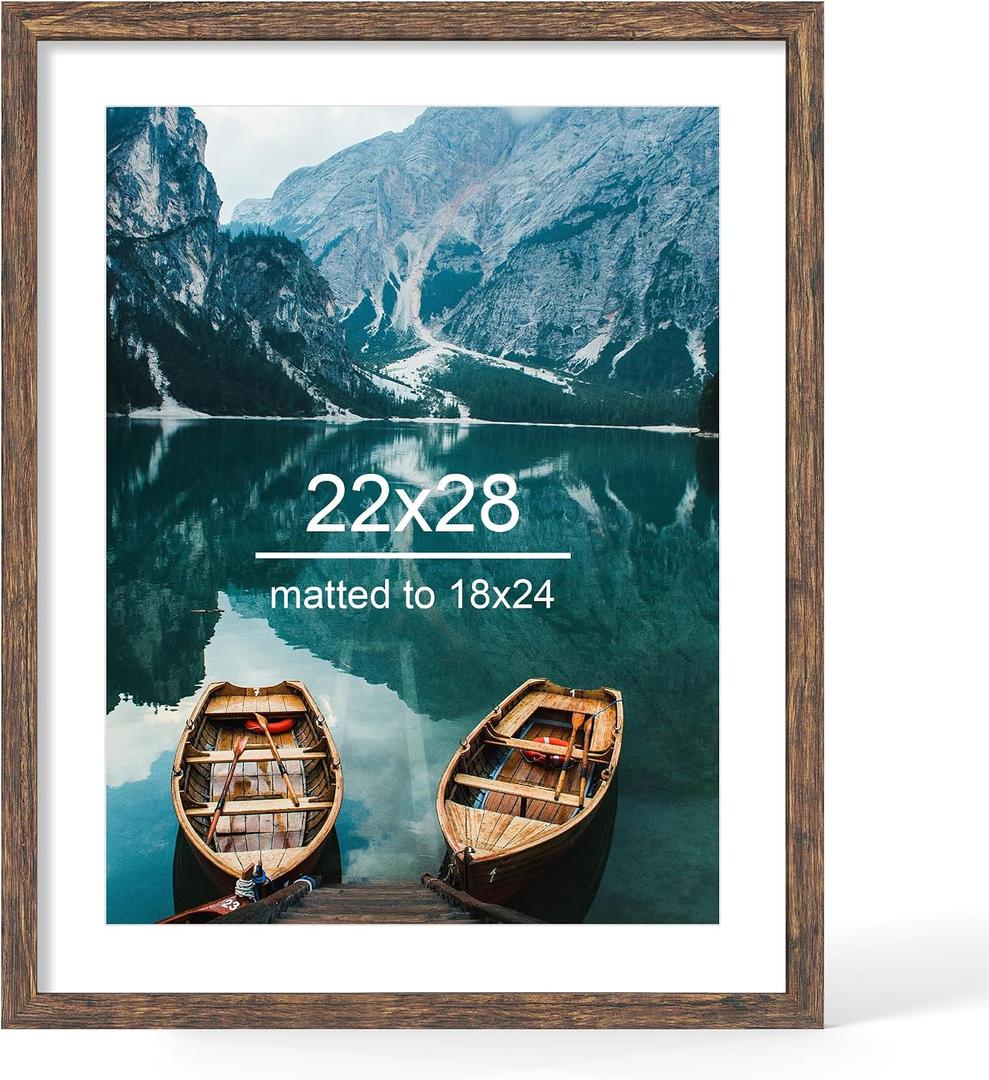 Hongkee 22x28 Frame, Rustic Brown Wood Style - Display Posters 18 x 24 with Mat or 22x28 without Mat, Wall Mounting Horizontal and Vertical, 1 Pack