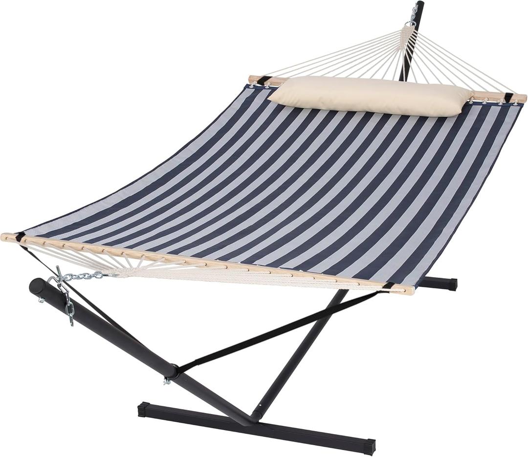 SUNCREAT Double Hammock with Stand Included, Outdoor Portable Hammock with Stand, Blue (78.7 x 55.1 in, Hammock with 144 in Stand)