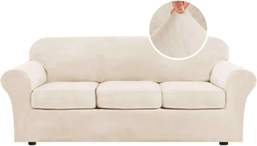 H.VERSAILTEX Modern Velvet Plush 4 Piece High Stretch Sofa Slipcover Sofa Cover Furniture Protector Form Fit Thick Velvet Sofa Cover for 3 Cushion Couch Width Up to 90 Inch (Sofa, Cream)