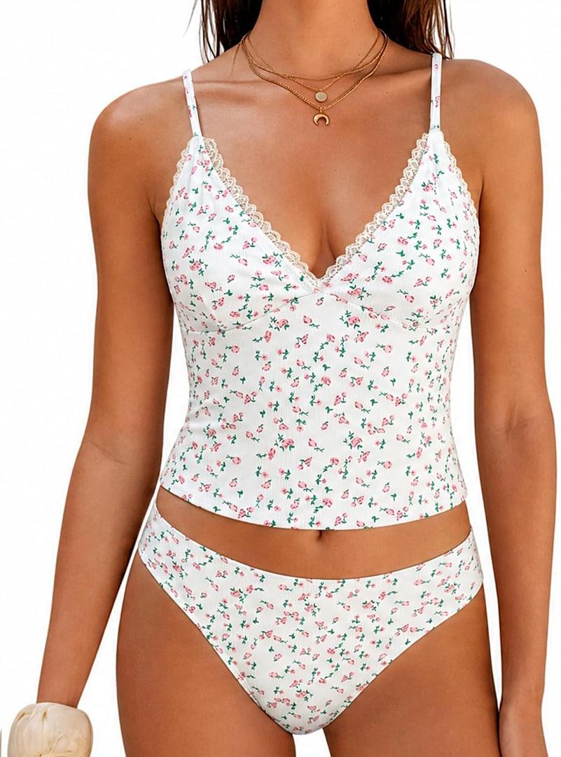 ZAFUL Women's Spaghetti Strap Tankini Swimsuits V Neck Tummy Control Tie Side Thong Bikini Swimsuits 2 Piece Bathing Suits (White, L)