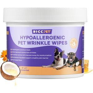 HICC PET Wrinkle Wipes, Vet-Recommended Dog Wipes Cleaning Deodorizing, Soothes Redness & Odor, Prevents Infections, Tear Stain Remover, Gentle for French Bulldogs, Pugs, English Bulldogs (100 Counts)