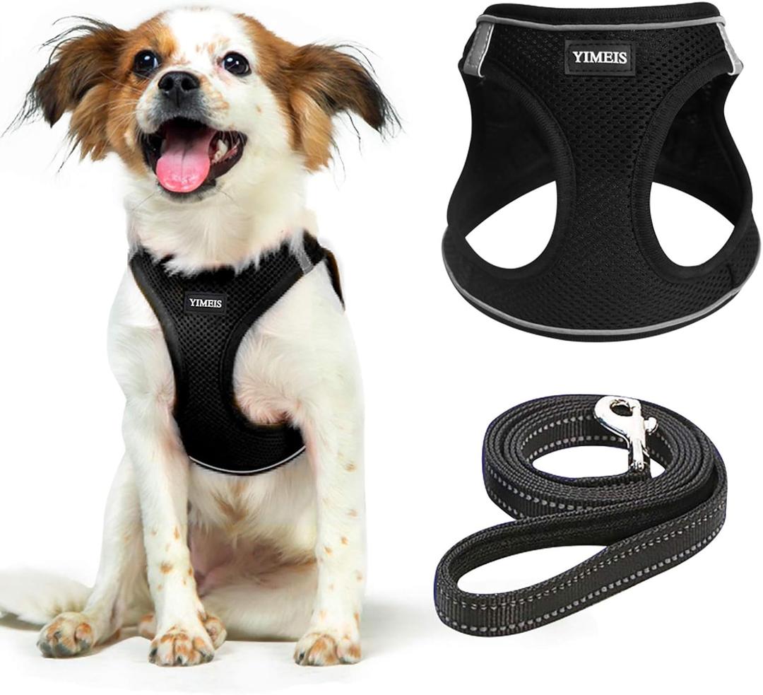 YIMEIS Dog Harness and Leash Set, No Pull Soft Mesh Pet Harness, Reflective Adjustable Puppy Vest for Small Dogs, Cats (M, Black) fit Small (Medium (Pack of 1))