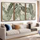 Large Framed Canvas Wall Art - Natural Float Framed Green Plantain Leaves Pictures Decor Brown Leaf Lines Painting Prints Rustic Botanical Artwork for Bedroom Living Room Decoration 60" X 28" Set of 3