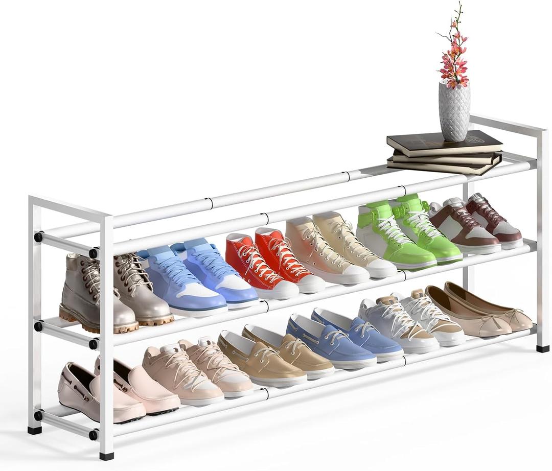 Bumusty 3-Tier Long Expandable Shoe Rack for Closet, 18"-44" Adjustable Shoe Rack for Entryway, 15-18 Pairs Large Shoe Organizer Shelf Storage, Sturdy Metal