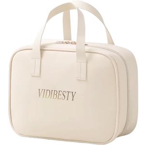 Travel Makeup Bag Skin-feel Leather, Large Capacity Cosmetic case for Women, Waterproof Portable Make up Organizer with Divider and Handle for Toiletries, Beauty Essentials (Beige)