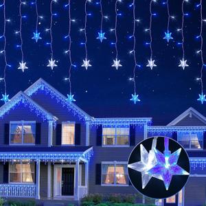 Icicle Lights Outdoor, 16.5FT 200 LED Curtain Fairy Lights with 40 Drops, 8 Modes & Timer. Ideal for Weddings, Parties, Christmas. Blue & White