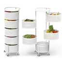 JAQ No Assembly 5-Tier Kitchen Storage Cart with Wheels, Rotating Produce Organizer for Onion, Potato & Vegetable Storage, Large Capacity Pantry Rack, White