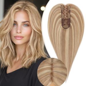 Rich Choices Hair Toppers for Women Real Human Hair 100% Human Remy Toppers for Women with Thinning Clip in NO Bangs Lace Base 150% Density 12 Inch #12P613 Golden Brown Highlight Bleach Blonde