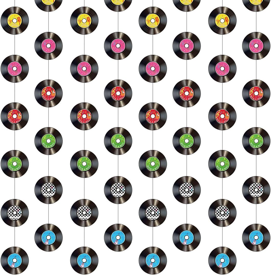 Cindeer 8 Pieces Rock and Roll Party Decorations Retro Record Paper Garlands Vintage Themed Streamer Banners Hanging Decorations for 50s 60s 70s Music Birthday Party Supplies (Retro Record)