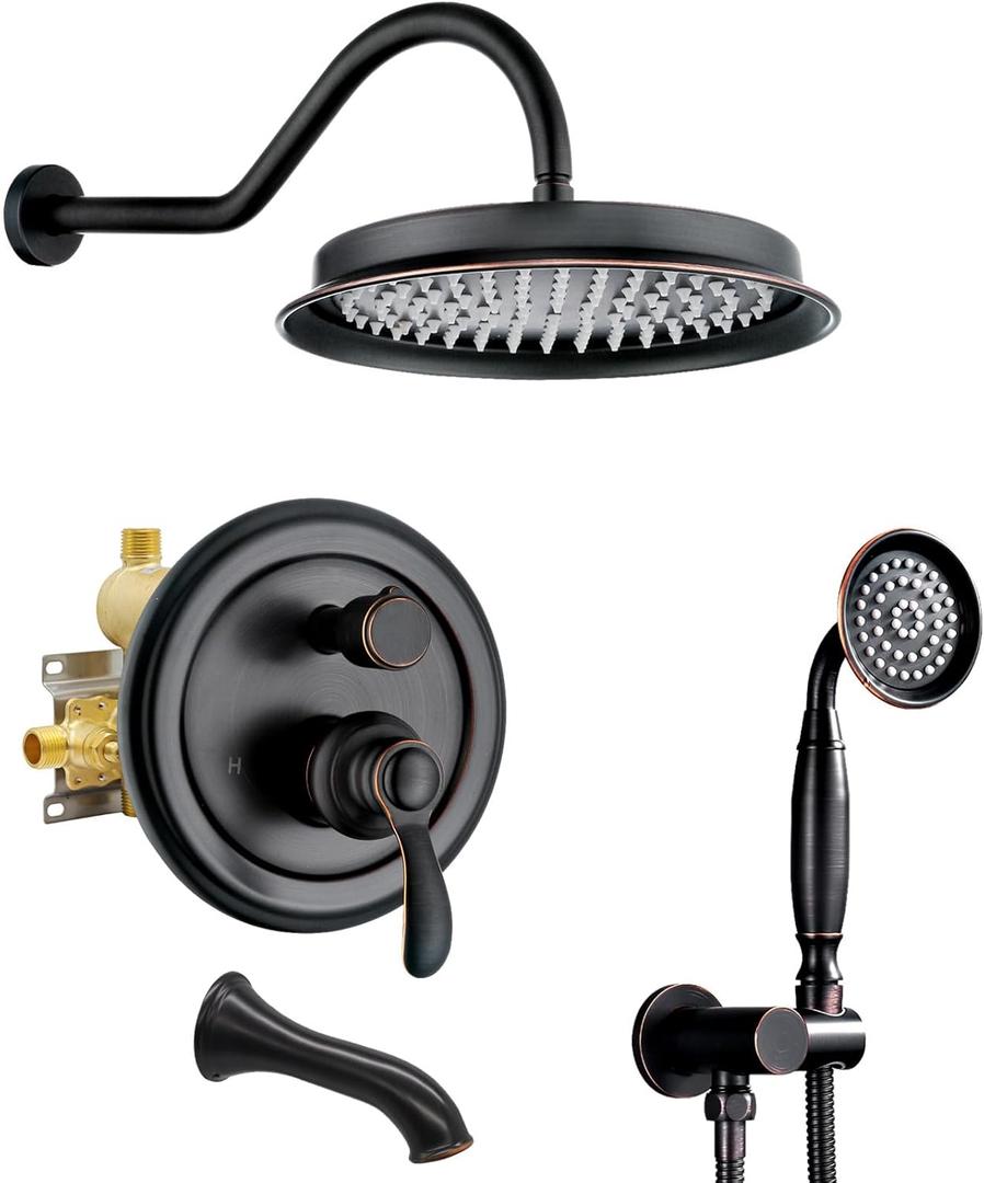 Antique Shower System with Tub Spout: 9 inch Vintage Rain Shower Faucet, Wall Mount Rainfall Head and Handheld Spray, 3 Way Diverter Brass Valve with Trim Kit, Oil Rubbed Bronze