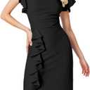 Women's Vintage Church Ruffle Sleeve Ruched Bodycon Work Midi Pencil Dress
 M
