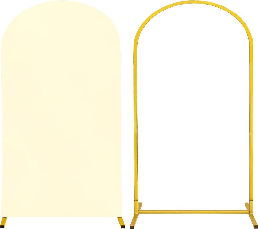 Metal Arch Stand and Cover Set,1 Ivory Spandex Fitted Backdrop with 1 Gold Wedding Arched Stand Frame for Parties Birthday Baby Shower Bridal Banquet Decoration (7.2FT)