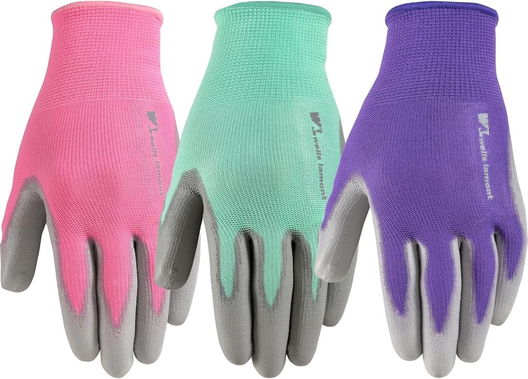 Wells Lamont 3 Pair Pack Womens Gardening Gloves | PU Coated Grip Work Gloves| Each Pack Includes Pink, Green, Purple | Medium (413MF)